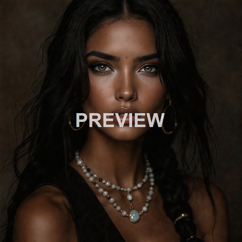 A close-up portrait of a woman with long, dark, wavy hair, wearing gold hoop earrings and layered pearl necklaces, with a confident expression and neutral makeup.
